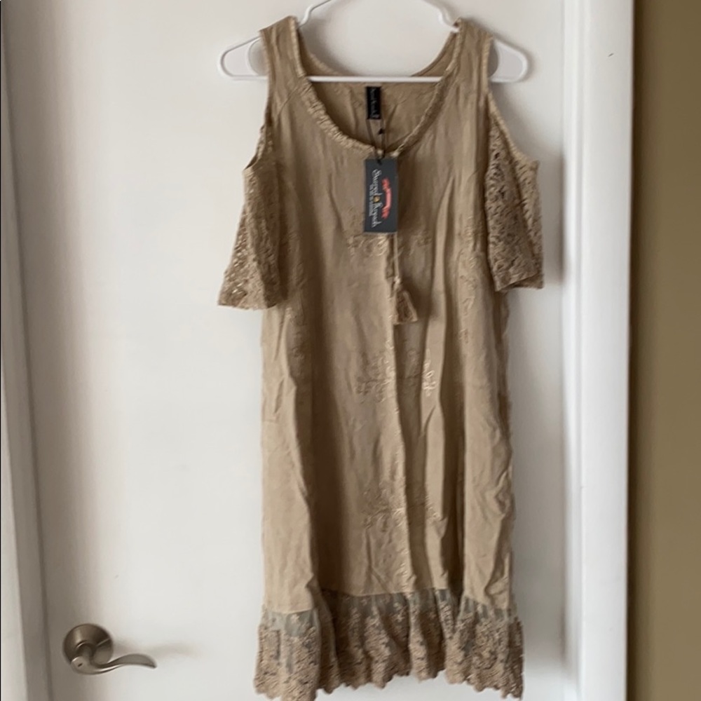 Boho lace off the shoulder tan dress